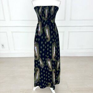 Womens Paisley Strapless Maxi Dress Navy‎ Blue Smocked Bodice Zipper Back Rayon